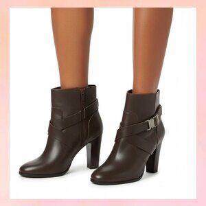 Vince Camuto Connolly Mid- Shaft Belted Chunky Heel Leather Booties Khaki Gray 9